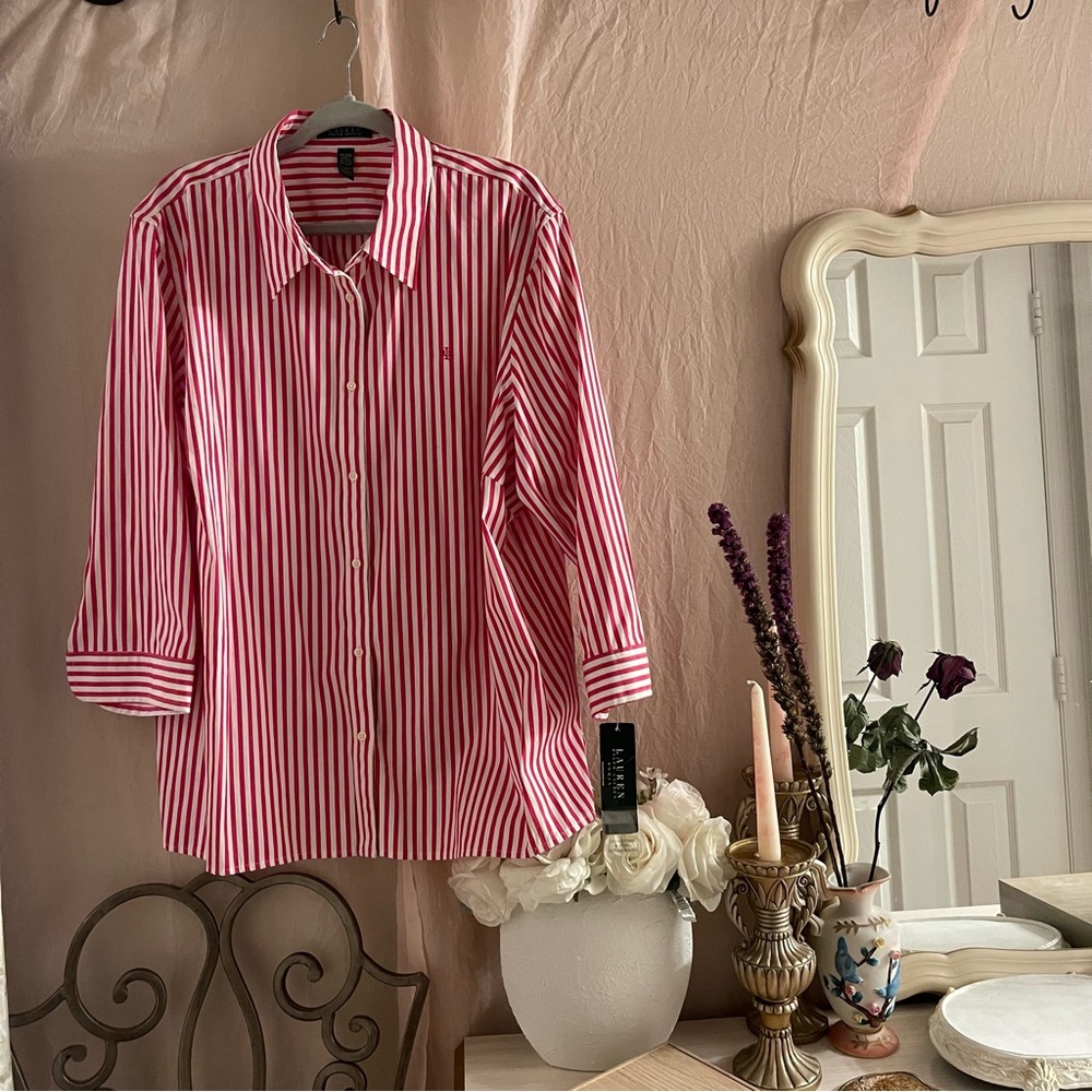 Lauren Ralph Lauren Pink  and White Striped Button-Up Shirt